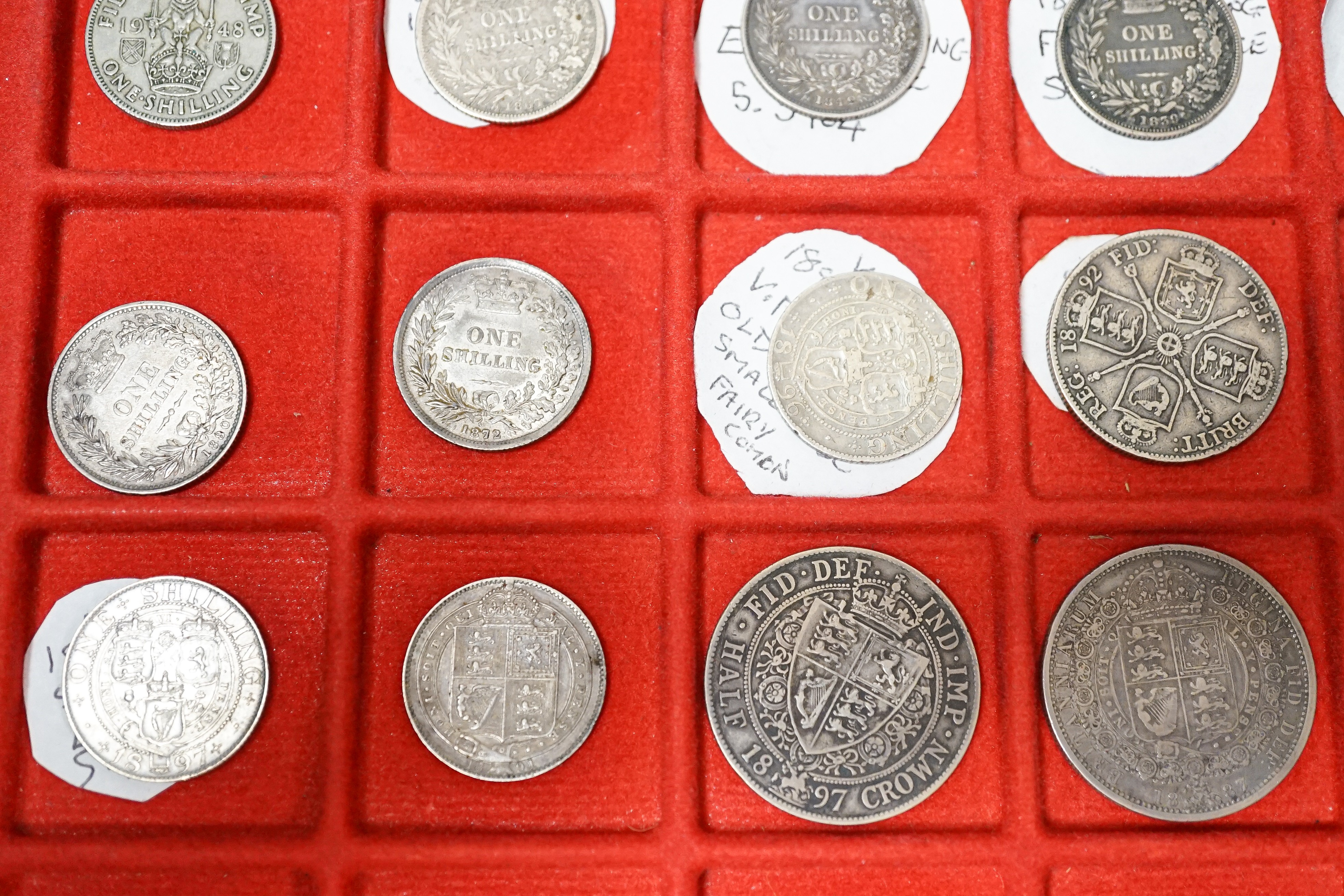 UK coins, Victoria silver coins, halfcrowns 1887, 1897, florins 1892, 1898, shillings 1839, 1846, 1842, 1872, 1818, 1896, 1897 and an 1881 sixpence, VG to EF